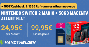 Nintendo Switch 2 – Mario Kart World für einmalig 99.95 Euro mit 50GB Allnet Flat und 150 Euro Wechselbonus und 100 Euro Cashback nur 24.95 Euro monatlich