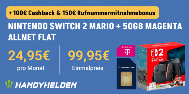 Nintendo Switch 2 – Mario Kart World für einmalig 99.95 Euro mit 50GB Allnet Flat und 150 Euro Wechselbonus und 100 Euro Cashback nur 24.95 Euro monatlich