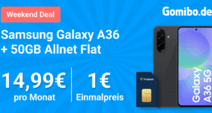 Samsung Galaxy A36 mit 50GB Allnet Flat und 150 Euro Wechselbonus nur 14.99 Euro monatlich