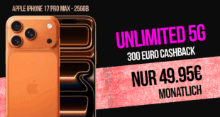 iPhone 17 Pro Max für einmalig 649 Euro mit Telekom unlimited Allnet Flat und 300 Euro Cashback nur 49.95 Euro monatlich
