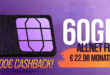 60GB Allnet Flat für 22.98 Euro monatlich mit 500 Euro Cashback