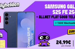 Samsung Galaxy S25 FE 256GB für einmalig 89 Euro mit 50GB Allnet Flat und 150 Euro Wechselbonus nur 24.99 Euro monatlich