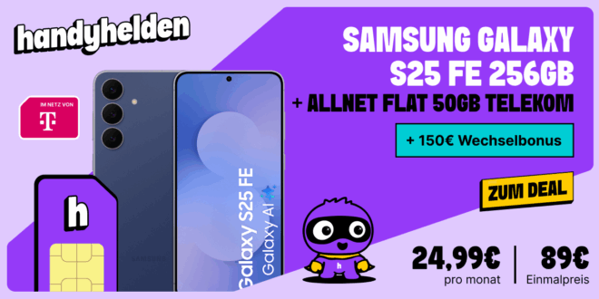 Samsung Galaxy S25 FE 256GB für einmalig 89 Euro mit 50GB Allnet Flat und 150 Euro Wechselbonus nur 24.99 Euro monatlich