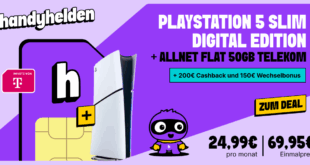 PlayStation 5 Slim PS5 - Digital Edition einmalig für 69.95 Euro mit 50GB Allnet Flat und 150 Euro Wechselbonus und 200 Euro Cashback nur 24.99 Euro monatlich