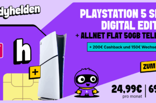 PlayStation 5 Slim PS5 - Digital Edition einmalig für 69.95 Euro mit 50GB Allnet Flat und 150 Euro Wechselbonus und 200 Euro Cashback nur 24.99 Euro monatlich