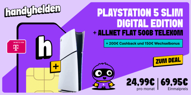 PlayStation 5 Slim PS5 - Digital Edition einmalig für 69.95 Euro mit 50GB Allnet Flat und 150 Euro Wechselbonus und 200 Euro Cashback nur 24.99 Euro monatlich