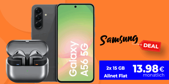 Samsung Galaxy A56 256GB & Galaxy Buds3 Pro mit 2x 15GB Allnet Flat nur 13.98 Euro monatlich