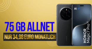 Honor Magic 7 Pro für einmalig 29 Euro mit 75 GB Allnet Flatrate (+10 GB extra SIM) und 200 Euro Cashback nur 34.98 Euro monatlich