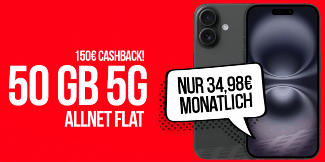 iPhone 17 für einmalig 229 Euro mit 50GB Allnet Flat (+10GB extra SIM) und 150 Euro Cashback nur 34.98 Euro monatlich