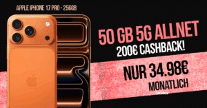 iPhone 17 Pro 256GB für einmalig 399 Euro mit 50GB Allnet Flat (+10GB extra SIM) und 200 Euro Cashback nur 34.98 Euro monatlich