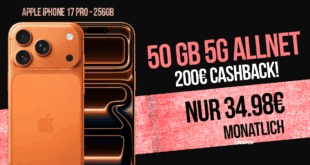 iPhone 17 Pro 256GB für einmalig 499 Euro mit 50GB Allnet Flat (+10GB extra SIM) und 200 Euro Cashback nur 34.98 Euro monatlich.