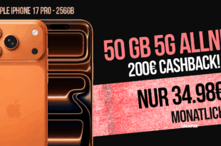 iPhone 17 Pro für einmalig 499 Euro mit 50GB Allnet Flat (+10GB extra SIM) und 200 Euro Cashback nur 34.98 Euro monatlich