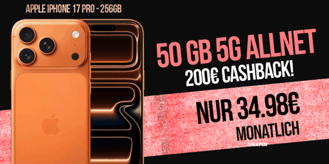 iPhone 17 Pro 256GB für einmalig 499 Euro mit 50GB Allnet Flat (+10GB extra SIM) und 200 Euro Cashback nur 34.98 Euro monatlich.