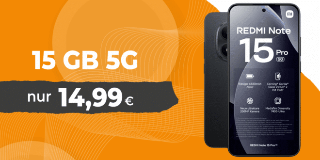 Xiaomi Redmi Note 15 Pro für einmalig 45 Euro mit 15GB Allnet Flat nur 14.99 Euro monatlich