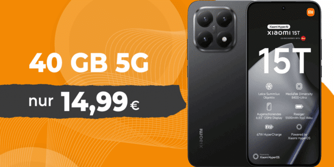 Xiaomi 15T 256GB mit 40GB Allnet Flat nur 14.99 Euro monatlich