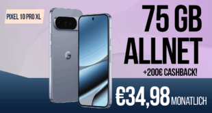 Google Pixel 10 Pro XL für einmalig 299 Euro mit 75 GB Allnet Flatrate (+10 GB extra SIM) und 200 Euro Cashback nur 34.98 Euro monatlich