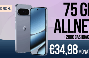 Google Pixel 10 Pro XL für einmalig 299 Euro mit 75 GB Allnet Flatrate (+10 GB extra SIM) und 200 Euro Cashback nur 34.98 Euro monatlich