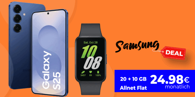 Samsung Galaxy S25 256GB & Galaxy Fit3 für einmalig 29 Euro mit 20GB Allnet Flat (+10GB extra SIM) nur 24.98 Euro monatlich