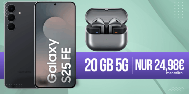 Samsung Galaxy S25 FE & Galaxy Buds3 Pro mit 20GB Allnet Flat (+10GB extra SIM) und 50 Euro Wechselbonus nur 24.98 Euro monatlich