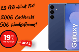 Samsung Galaxy S25 FE mit 20GB Allnet Flat und 50 Euro Wechselbonus und 200 Euro Cashback nur 19.99 Euro monatlich
