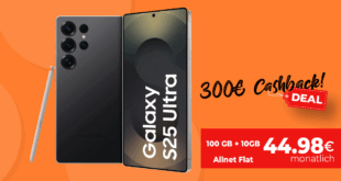 Samsung Galaxy S25 Ultra mit 100GB Allnet Flat (+10GB extra SIM) und 300 Euro Cashback nur 44.98 Euro monatlich
