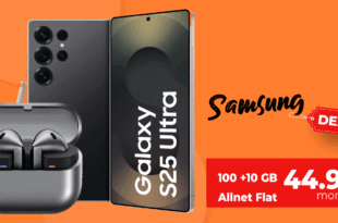 Samsung Galaxy S25 Ultra & Galaxy Buds3 Pro für einmalig 89 Euro mit 100GB Allnet Flat (+10GB extra SIM) nur 44.98 Euro monatlich