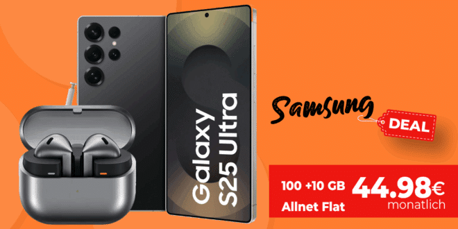 Samsung Galaxy S25 Ultra & Galaxy Buds3 Pro für einmalig 89 Euro mit 100GB Allnet Flat (+10GB extra SIM) nur 44.98 Euro monatlich