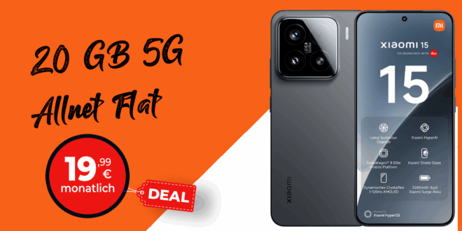 Xiaomi 15 für einmalig 99 Euro mit 20GB Allnet Flat und 50 Euro Wechselbonus nur 19.99 Euro monatlich
