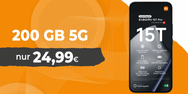 Xiaomi 15T Pro für einmalig 79 Euro mit 200GB Allnet Flat nur 24.99 Euro monatlich