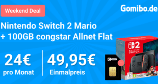 Nintendo Switch 2 Black inkl. Mario Kart World für einmalig 49.95 Euro mit 100GB Allnet Flat nur 24 Euro monatlich