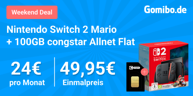 Nintendo Switch 2 Black inkl. Mario Kart World für einmalig 49.95 Euro mit 100GB Allnet Flat nur 24 Euro monatlich
