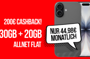 iPhone 17 mit 30GB Allnet Flat (+20GB extra SIM) und 200 Euro Cashback nur 44.98 Euro monatlich