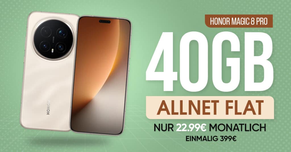 Honor Magic 8 Pro mit Vertrag - für einmalig 399 Euro mit 40GB Allnet Flat und 50 Euro Wechselbonus nur 22.99 Euro monatlich