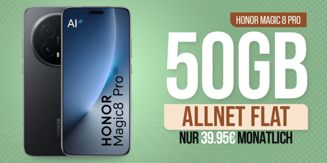 Honor Magic 8 Pro für einmalig 129 Euro mit 50GB Allnet Flat und 50 Euro Wechselbonus nur 39.95 Euro monatlich