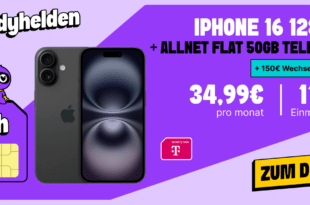 iPhone 16 128GB für einmalig 119 Euro mit 50GB Allnet FLat und 150 Euro Wechselbonus nur 34.99 Euro monatlich
