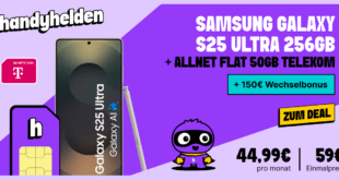 Samsung Galaxy S25 Ultra 256GB für einmalig 60 Euro mit 50GB Allnet Flat und 150 Euro Wechselbonus nur 44.99 Euro monatlich