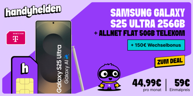 Samsung Galaxy S25 Ultra 256GB für einmalig 60 Euro mit 50GB Allnet Flat und 150 Euro Wechselbonus nur 44.99 Euro monatlich