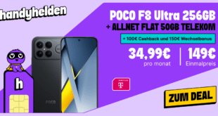 POCO F8 Ultra 256GB für einmalig 149 Euro mit 50GB Allnet Flat und 150 Euro Wechselbonus und 100 Euro Cashback nur 34.99 Euro monatlich
