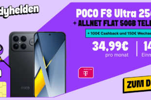 POCO F8 Ultra 256GB für einmalig 149 Euro mit 50GB Allnet Flat und 150 Euro Wechselbonus und 100 Euro Cashback nur 34.99 Euro monatlich