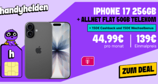 iPhone 17 256GB für einmalig 139 Euro mit 50GB Allnet Flat und 150 Euro Wechselbonus und 150 Euro Cashback nur 44.99 Euro monatlich