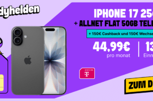 iPhone 17 256GB für einmalig 139 Euro mit 50GB Allnet Flat und 150 Euro Wechselbonus und 150 Euro Cashback nur 44.99 Euro monatlich