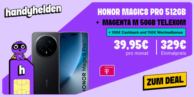 Honor Magic8 Pro für einmalig 329 Euro mit 50GB Allnet Flat und 150 Euro Wechselbonus und 100 Euro Cashback nur 39.95 Euro monatlich