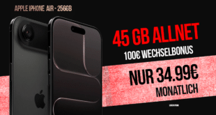 iPhone Air 256GB für einmalig 259 Euro mit 45GB Allnet Flat und 100 Euro Wechselbonus nur 34.99 Euro monatlich