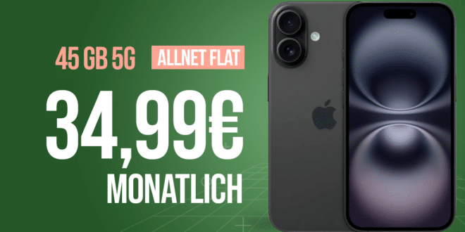 iPhone 16 für einmalig 59 Euro mit 45GB Allnet Flat und 50 Euro Cashback nur 34.99 Euro monatlich
