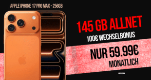 iPhone 17 Pro Max für einmalig 199.95 Euro mit 145GB Allnet Flat und 100 Euro Wechselbonus nur 59.99 Euro monatlich