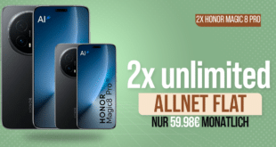 2x Honor Magic 8 Pro für einmalig 459 Euro mit 2x o2 unlimited Allnet Flat für 59.98 Euro monatlich