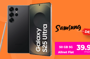 Samsung Galaxy S25 Ultra 256GB für einmalig 180 Euro mit 50GB Allnet Flat und 50 Euro Wechselbonus und 120 Euro Cashback nur 34.99 Euro monatlich