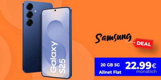 Samsung Galaxy S25 128GB für einmalig 49 Euro mit 20GB Allnet Flat nur 22.99 Euro monatlich