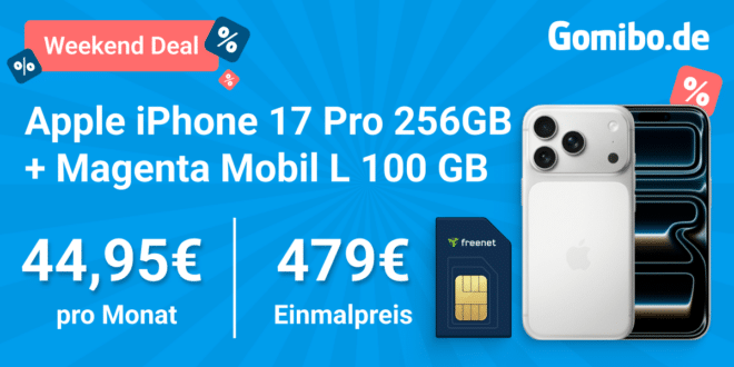 iPhone 17 Pro 256GB mit Voucher für einmalig 459 Euro mit 100GB Allnet Flat und 150 Euro Wechselbonus und 100 Euro Cashback nur 44.95 Euro monatlich