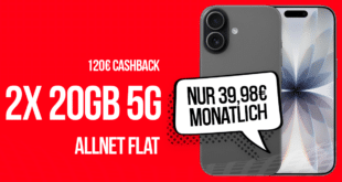 iPhone 17 mit 2x 20GB Allnet Flat und 50 Euro Wechselbonus und 120 Euro Cashback nur 39.98 Euro monatlich